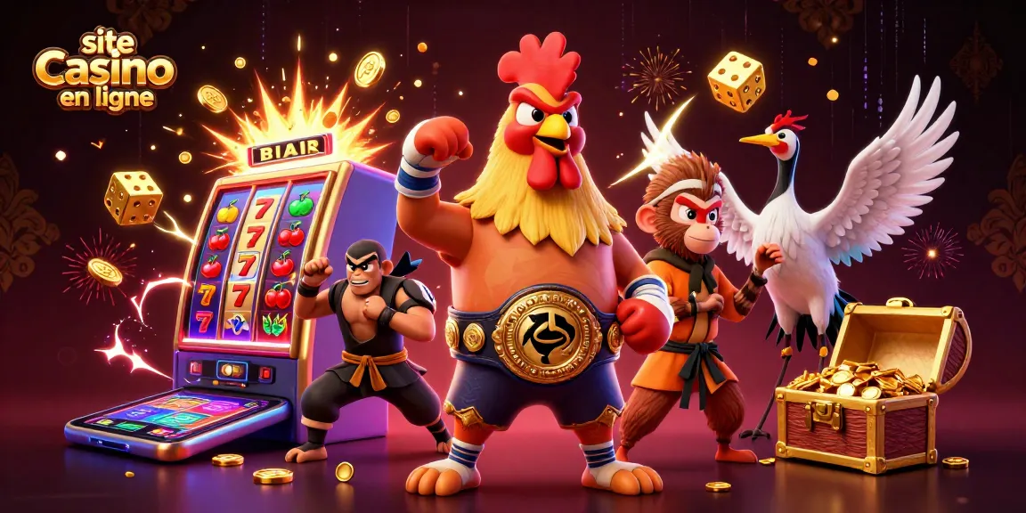 Gagnez des jackpots sur le site casino en ligne avec une scène dynamique de personnages de combat.