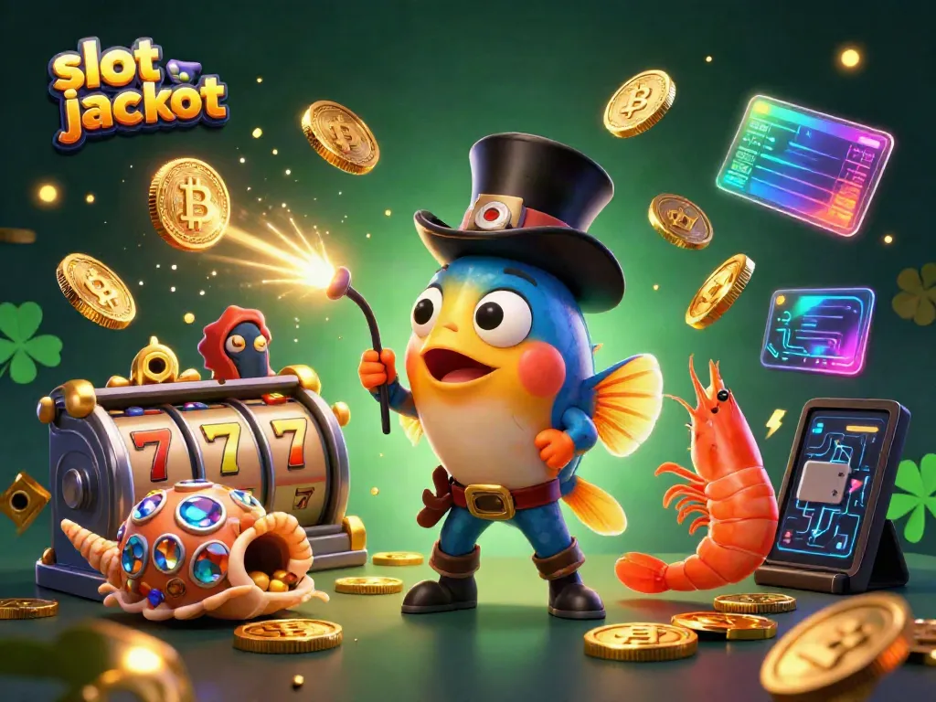 Slot jackpot menunggu penawaran menarik, ditawarkan oleh ikan pemancing 3D bertopi, udang bajak laut, dan siput laut berisi harta benda.