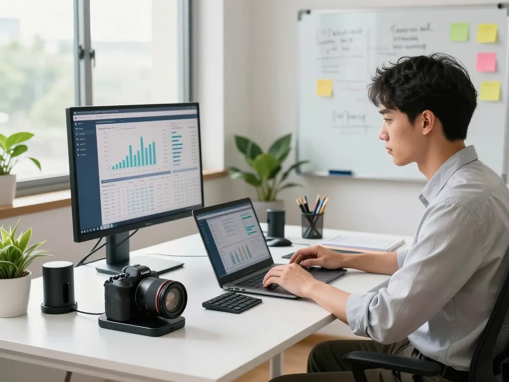 Modern office with tech gadgets for productivity, featuring a laptop and innovative workspace elements.