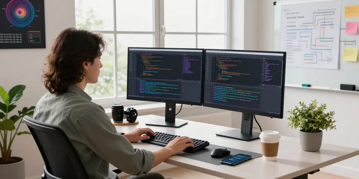 Interactive workspace for software development featuring 纸飞机中文版官网 coding setup and vibrant tech elements.
