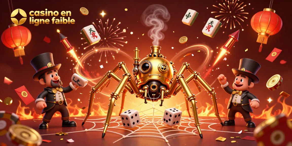 Illustration d'un casino en ligne fiable, avec une araignée steampunk attrapant des dés malchanceux.