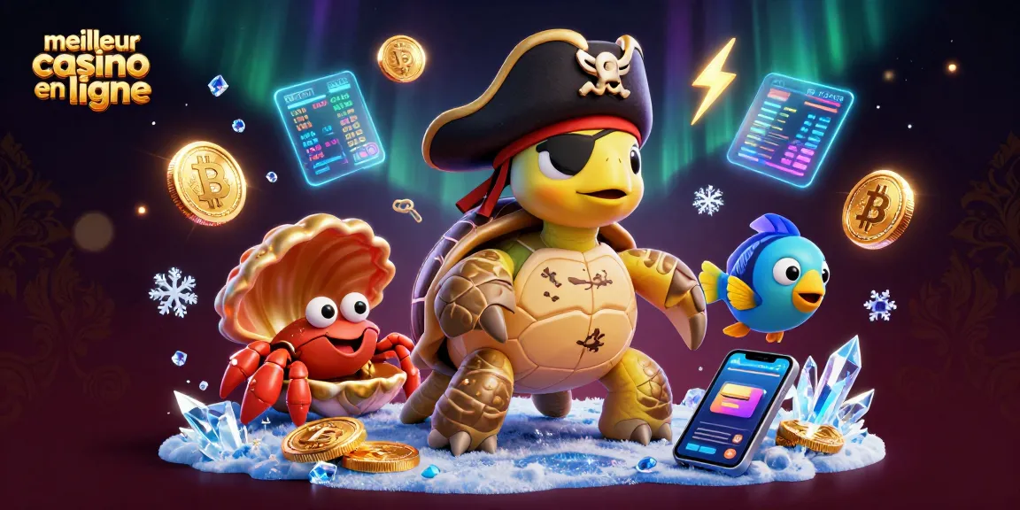 Profitez des trésors d'un meilleur casino en ligne avec une tortue pirate et des symboles de crypto-monnaie.