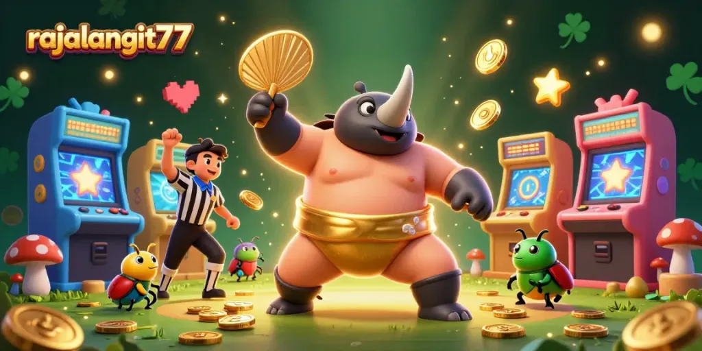 Rajalangit77 menampilkan kejuaraan sumo kumbang badak dalam aksi, mengeluarkan koin emas.