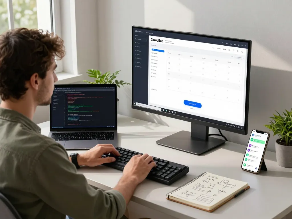 Developer managing tasks with ClawdBot in a modern home office scene.