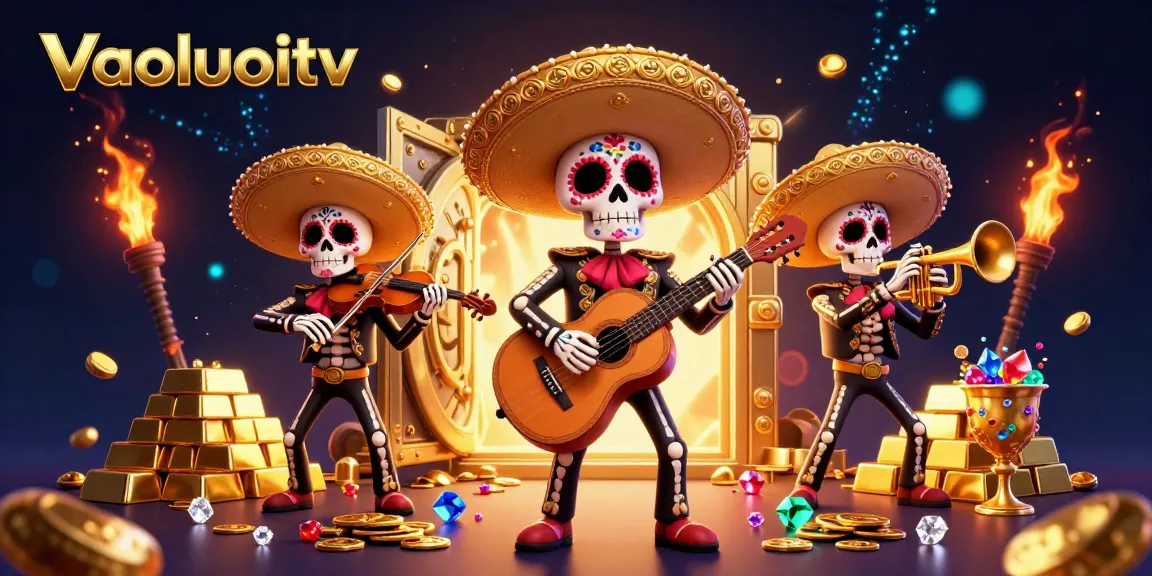 Experience thrilling moments at vaoluoitv with a vibrant illustration of a mariachi band amidst dazzling casino treasures.