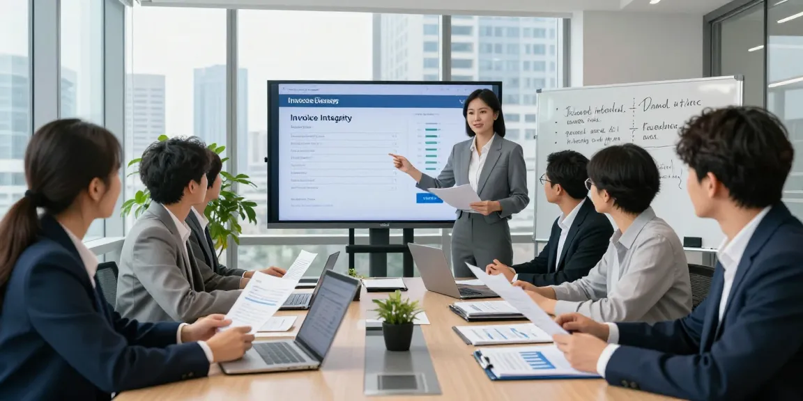 Team collaborating to detect fake invoices using advanced strategies and technologies in a professional office setting.