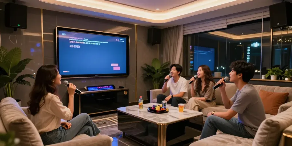 강남의 고급스러운 가라오케 룸에서 달토를 즐기는 친구들
