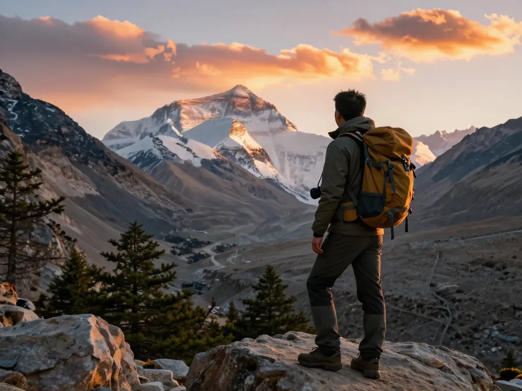 Traveler at Everest Base Camp Heli Trek viewpoint during sunset, surrounded by Himalayan peaks and warm golden light.