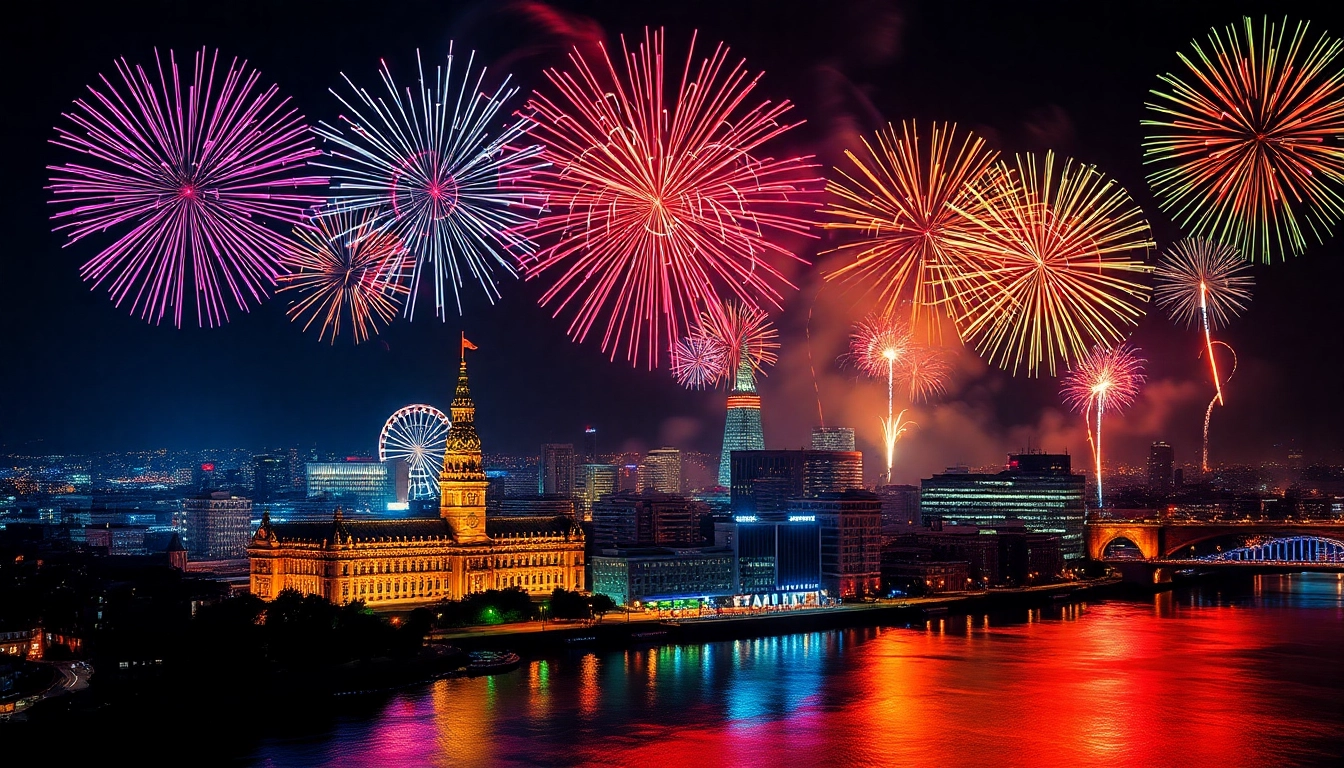 Enjoy a breathtaking scene of fireworks illuminating Manchester in vibrant colors for an unforgettable celebration.