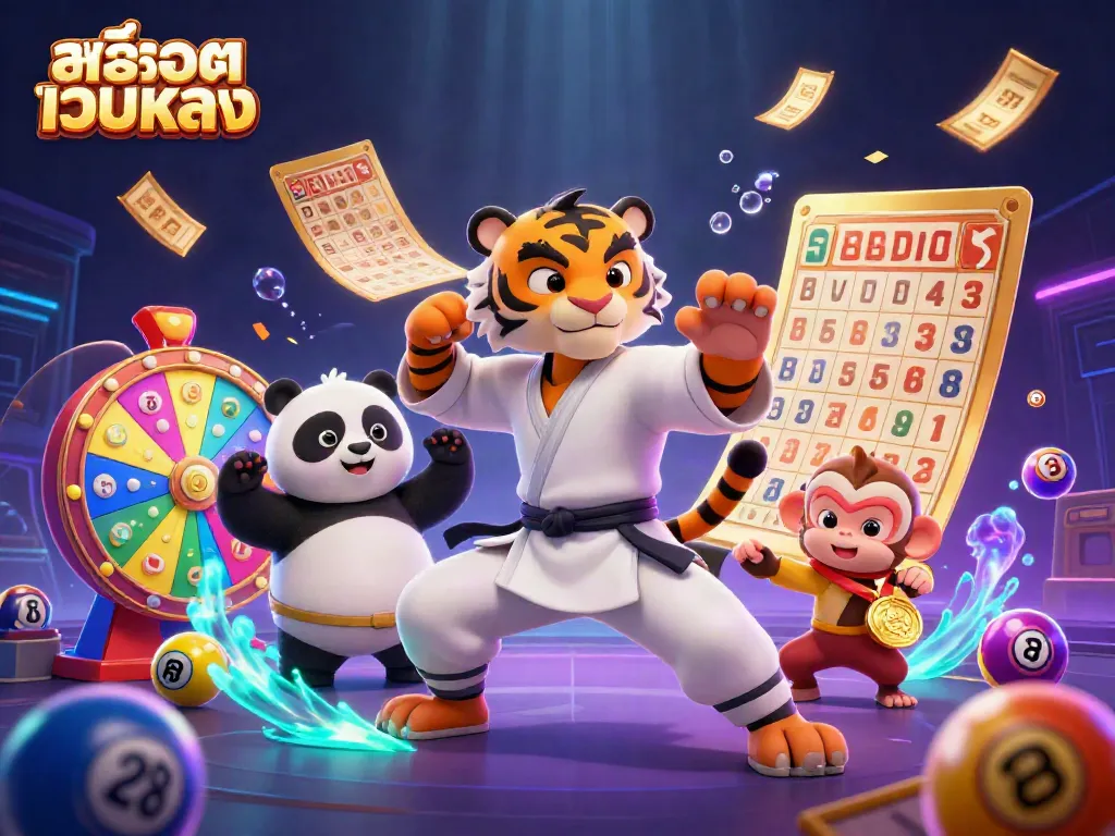 Engage in สล็อตเว็บตรง with a playful scene featuring a kung fu tiger, panda, and monkey amidst colorful casino elements.