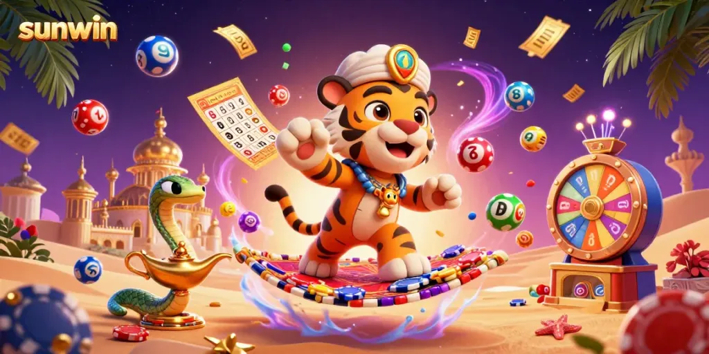 Engage with sunwin's vibrant online gaming environment through this 3D illustration showcasing thrilling elements.