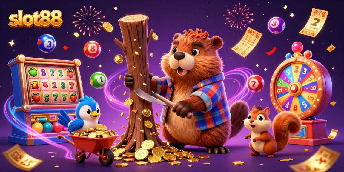 slot88 menampilkan ilusi kasino dengan karakter kartun yang mengumpulkan koin emas dan bola lotere.