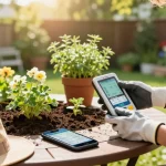 Gardener using rainpoint Irrigation Controllers to monitor moisture levels in a vibrant garden.