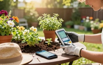 Gardener using rainpoint Irrigation Controllers to monitor moisture levels in a vibrant garden.