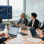 Exploring financial crime intelligence strategies with analysts in a modern office.