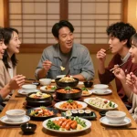 Friends sharing Asian cuisine at https://hanadultalk.com, celebrating cultural diversity in a vibrant dining setting.
