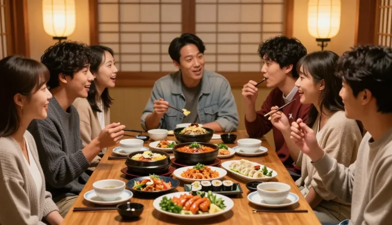 Friends sharing Asian cuisine at https://hanadultalk.com, celebrating cultural diversity in a vibrant dining setting.