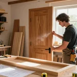 Woodworking scene showcasing a carpenter crafting a custom door for abacasdoors.co.uk, highlighting tools and natural light.