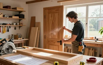 Woodworking scene showcasing a carpenter crafting a custom door for abacasdoors.co.uk, highlighting tools and natural light.