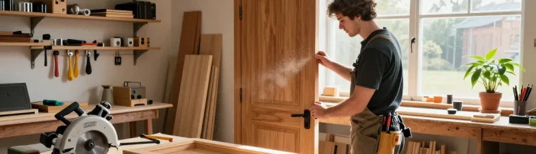 Woodworking scene showcasing a carpenter crafting a custom door for abacasdoors.co.uk, highlighting tools and natural light.