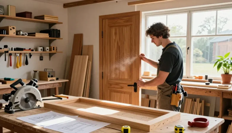 Woodworking scene showcasing a carpenter crafting a custom door for abacasdoors.co.uk, highlighting tools and natural light.